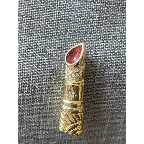Lipstick Brooch Pin Gold Tone Clear Rhinestone Red Enamel Retro Cocktail Career - Picture 3 of 4